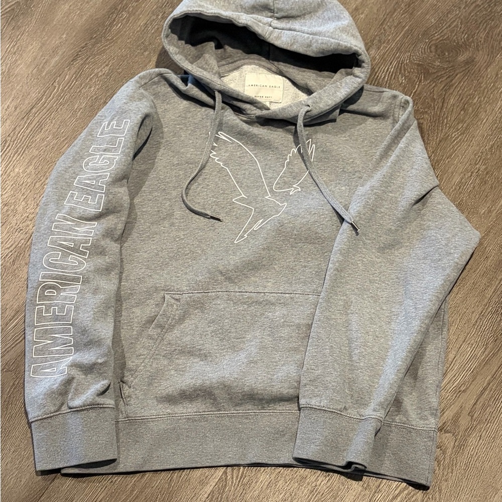 American Eagle Outfitters Super Soft Gray Hoodie with White Logo and Sleeve Text